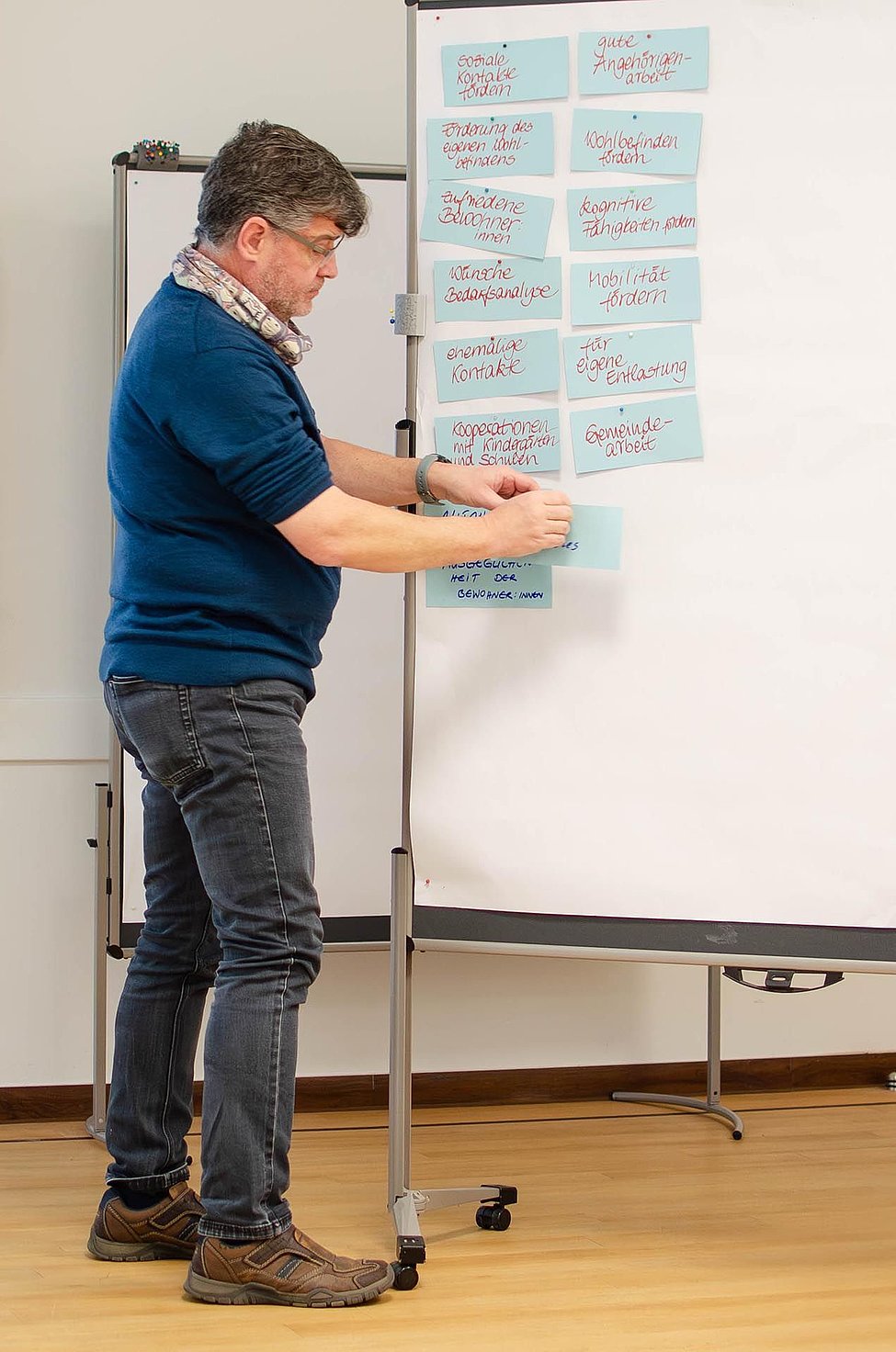 Person befestigt beschriftete Moderationskarten an Flipchart im Workshop